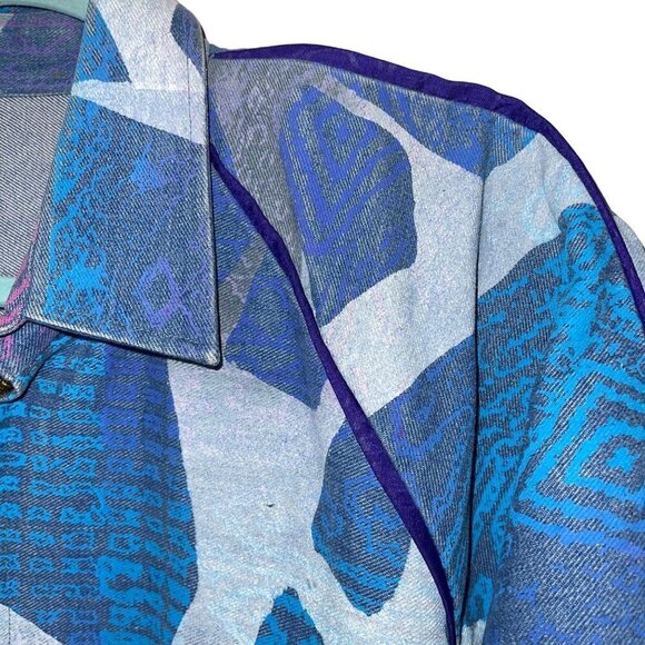 Vintage Womens Denim Bomber Jacket Size Medium Blue Purple Pink Abstract Print - Picture 8 of 14